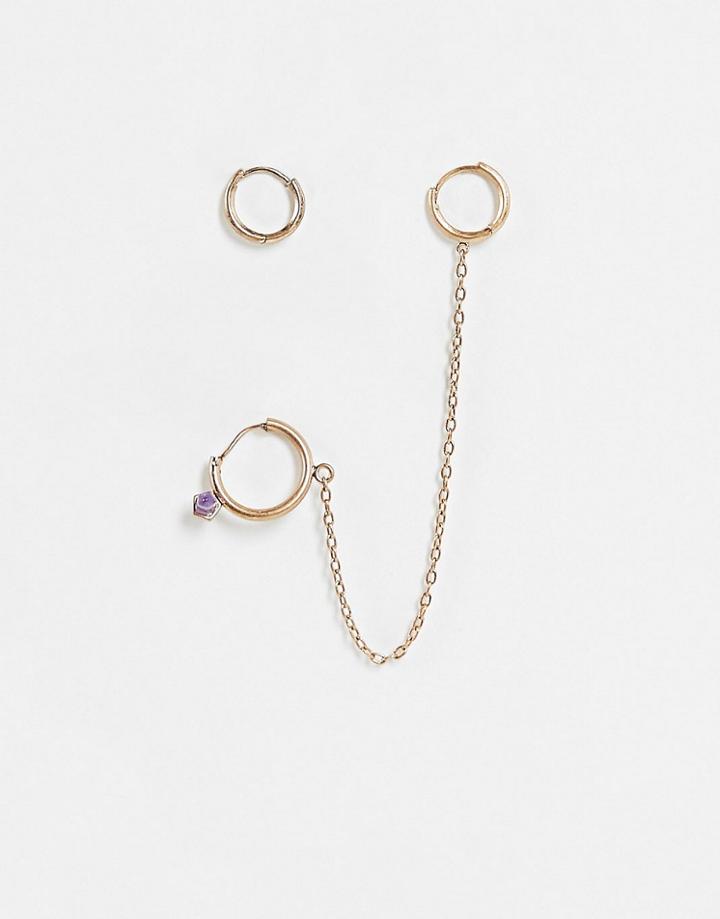 Allsaints Hoop Chain Earrings With Amethyst Stone In Gold