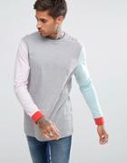 Asos Longline Long Sleeve T-shirt With Mismatch Color Blocking - Gray