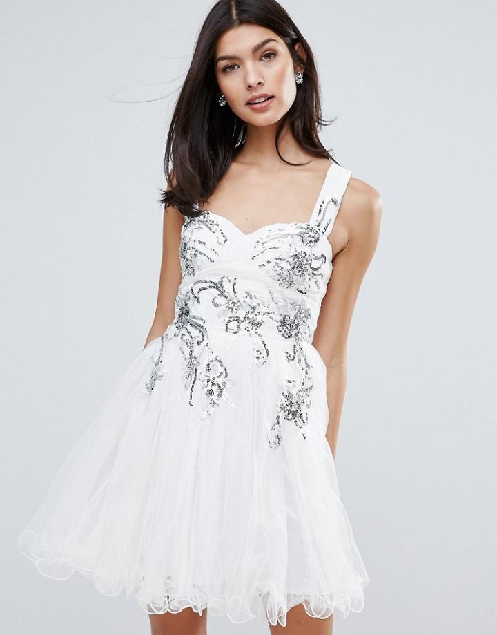 Little Mistress Skater Dress With Floral Embellishment - White