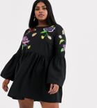 Asos Design Curve Fluted Sleeve Embroidered Smock Mini Dress-black