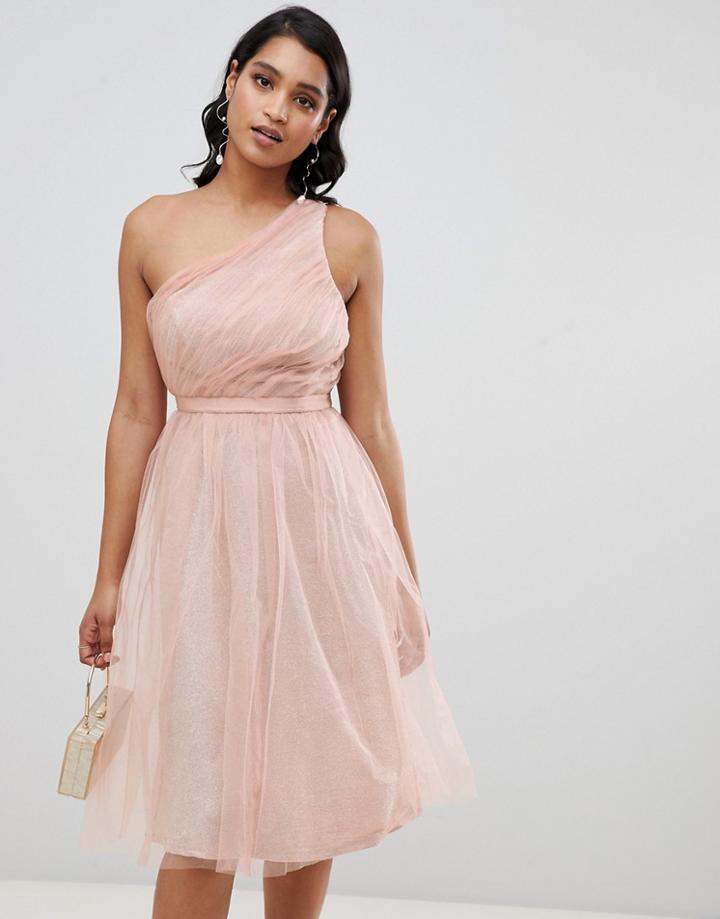 Asos Design One Shoulder Tulle Midi Dress With Glitter Lining - Pink
