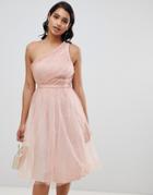 Asos Design One Shoulder Tulle Midi Dress With Glitter Lining - Pink