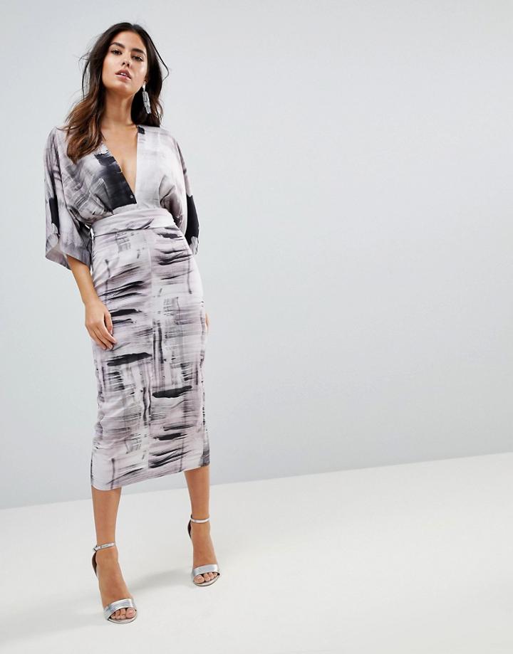 Asos Kimono Dress In Abstract Print - Multi