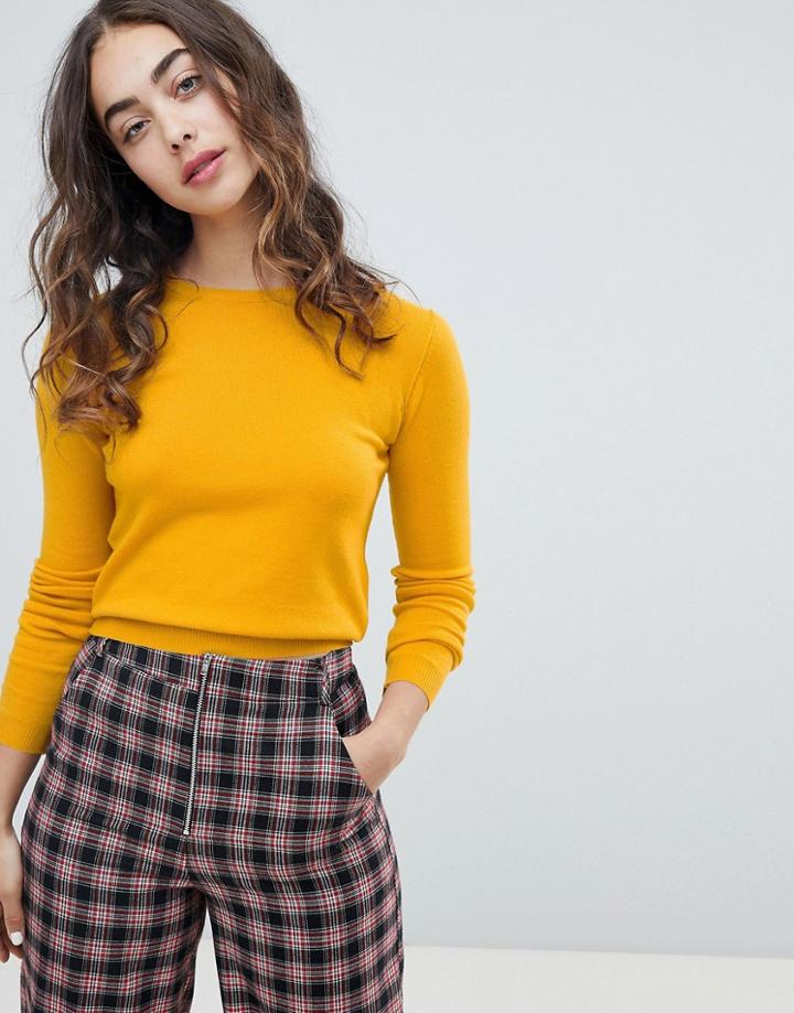 Pull & Bear Long Sleeved Crew Neck Sweater Plain In Mustard - Yellow