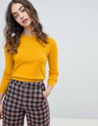 Pull & Bear Long Sleeved Crew Neck Sweater Plain In Mustard - Yellow