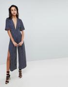 Parallel Lines Plunge Front Jumpsuit With Wide Leg Splits In Stripe - Multi