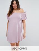 Asos Curve Off Shoulder Dress With Tie Sleeve Detail - Purple