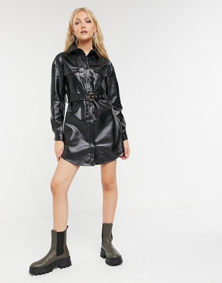 Violet Romance Belted Pu Shirt Dress In Black