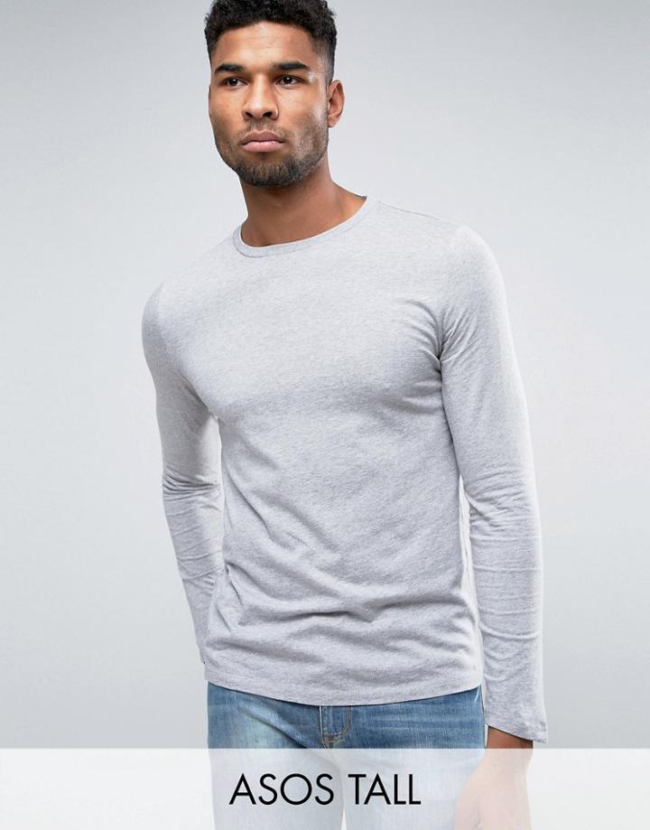 Asos Tall Long Sleeve T-shirt With Crew Neck In Gray Marl - Gray
