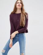 Asos Cropped Sweater With Rolled Edge Detail In Fluffy Yarn - Berry