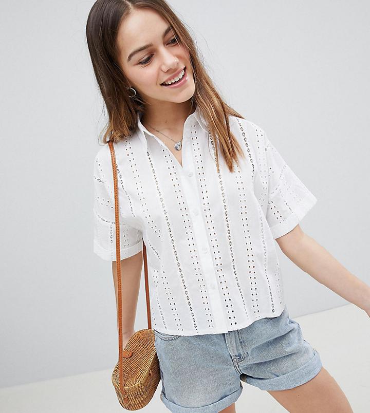 Asos Design Petite Boxy Shirt In Broderie - White