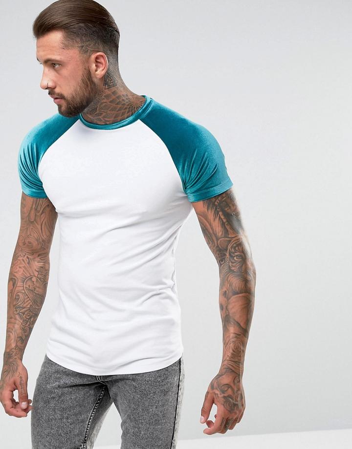 Asos Longline Muscle T-shirt With Velour Sleeves In White/teal - White