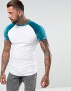 Asos Longline Muscle T-shirt With Velour Sleeves In White/teal - White