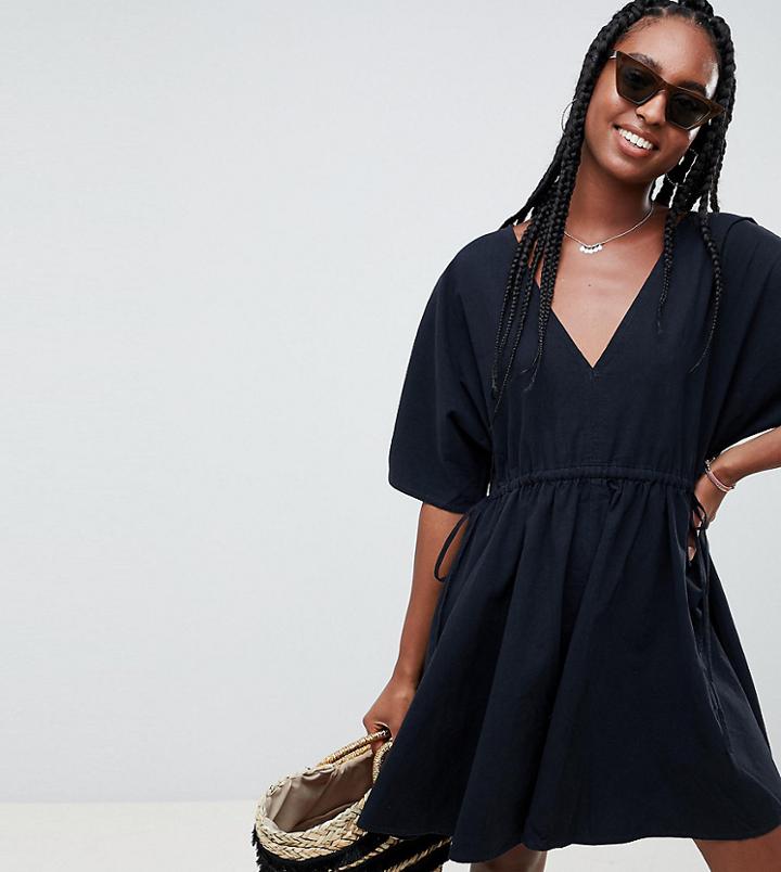Asos Tall V Front V Back Smock Mini Dress With Ruched Tie Detail - Black