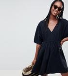 Asos Tall V Front V Back Smock Mini Dress With Ruched Tie Detail - Black