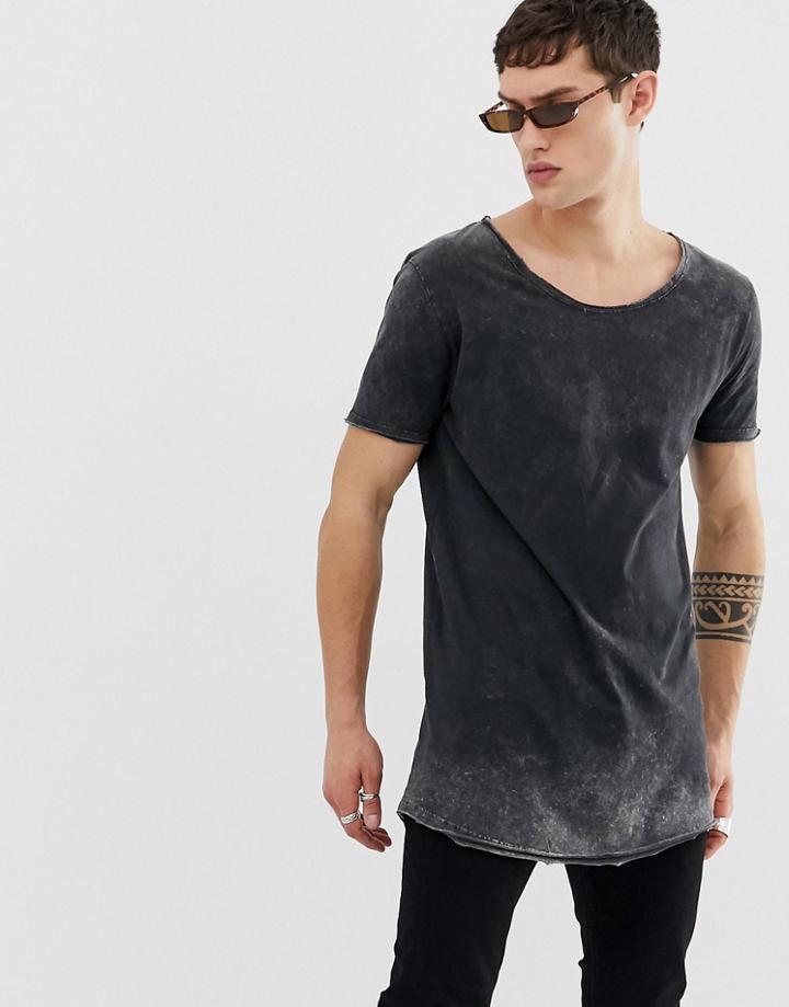 Asos Design Relaxed Super Longline T-shirt With Scoop Neck And Curved Hem In Acid Wash - Black