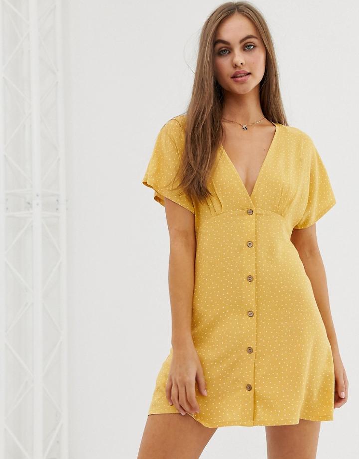 Pull & Bear Pacific Dress In Yellow Polka Dot Print - Yellow