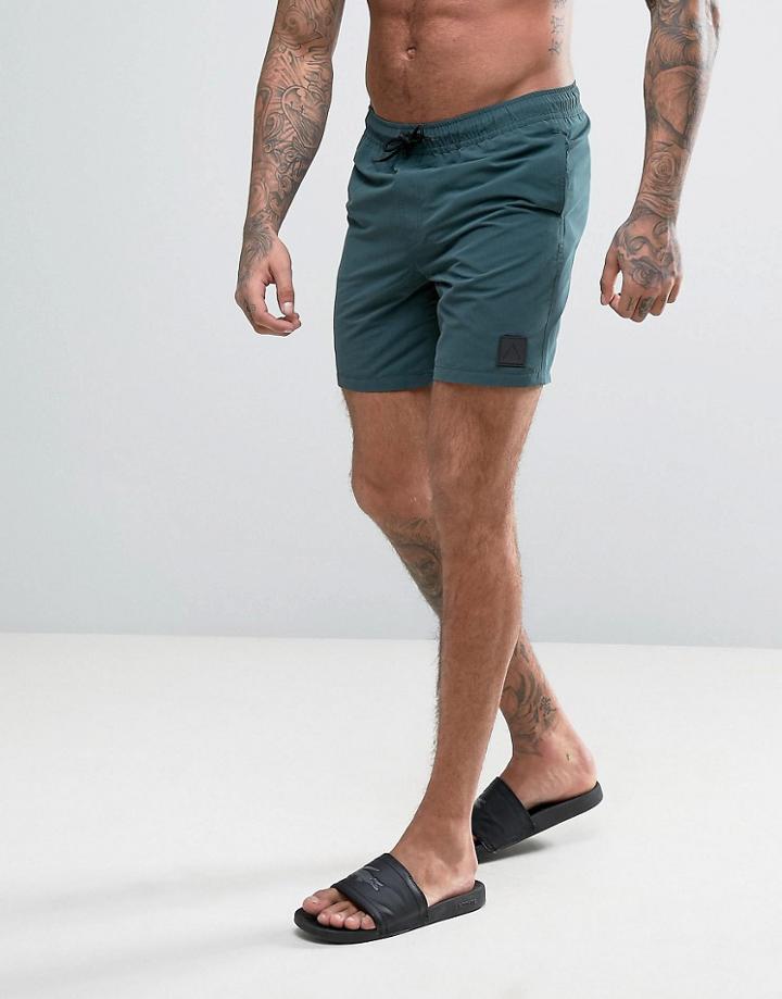 Asos Swim Shorts In Dark Green With Rubber Triangle Patch Mid Length - Green
