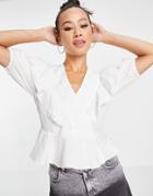Object Textured Wrap Top With Ruffle Detail In White