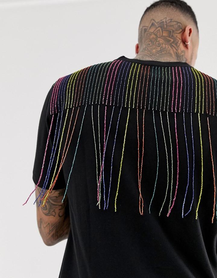 Asos Design Relaxed T-shirt With Multicoloured Rainbow Embellished Fringing In Black