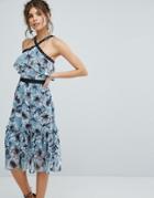 True Decadence Floral Midi Dress With Peplum Hem And Eyelet Detail - Multi