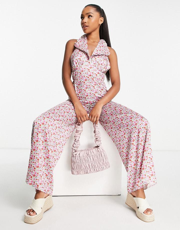 Asos Design Satin Backless Jumpsuit With Collar In Ditsy Print-multi