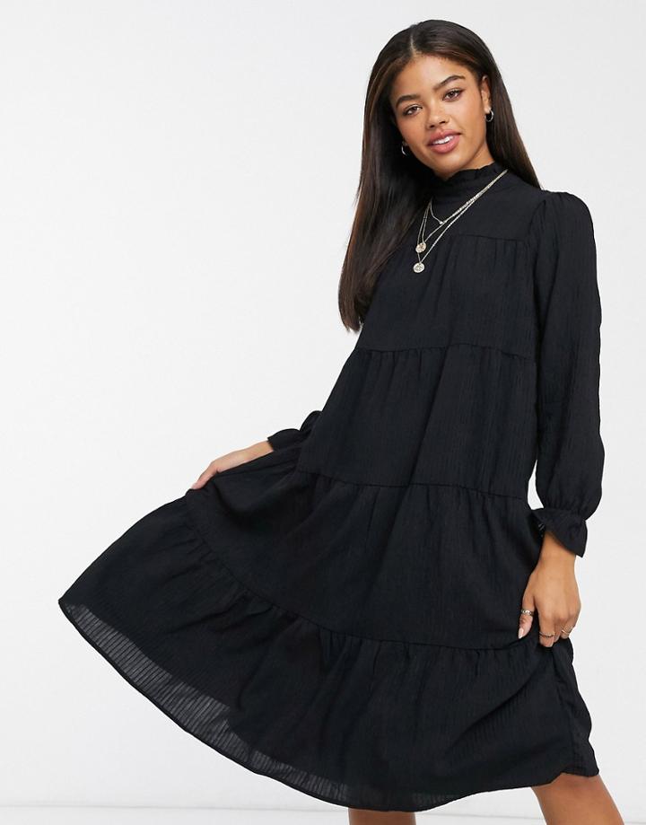 Pieces Midi Dress With High Neck And Tiered Skirt In Black