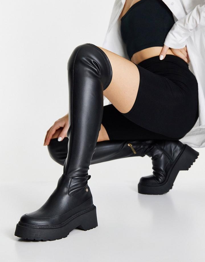 River Island Chunky Over The Knee Flat Boot In Black