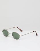 Asos Design Oval Sunglasses In Brushed Silver With Green Lens - Silver