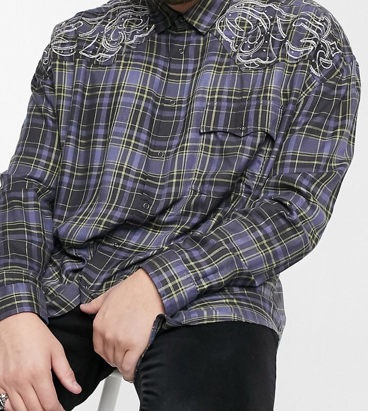 Asos Design Plus Western Check Shirt With Shoulder Embellishment Detail-navy
