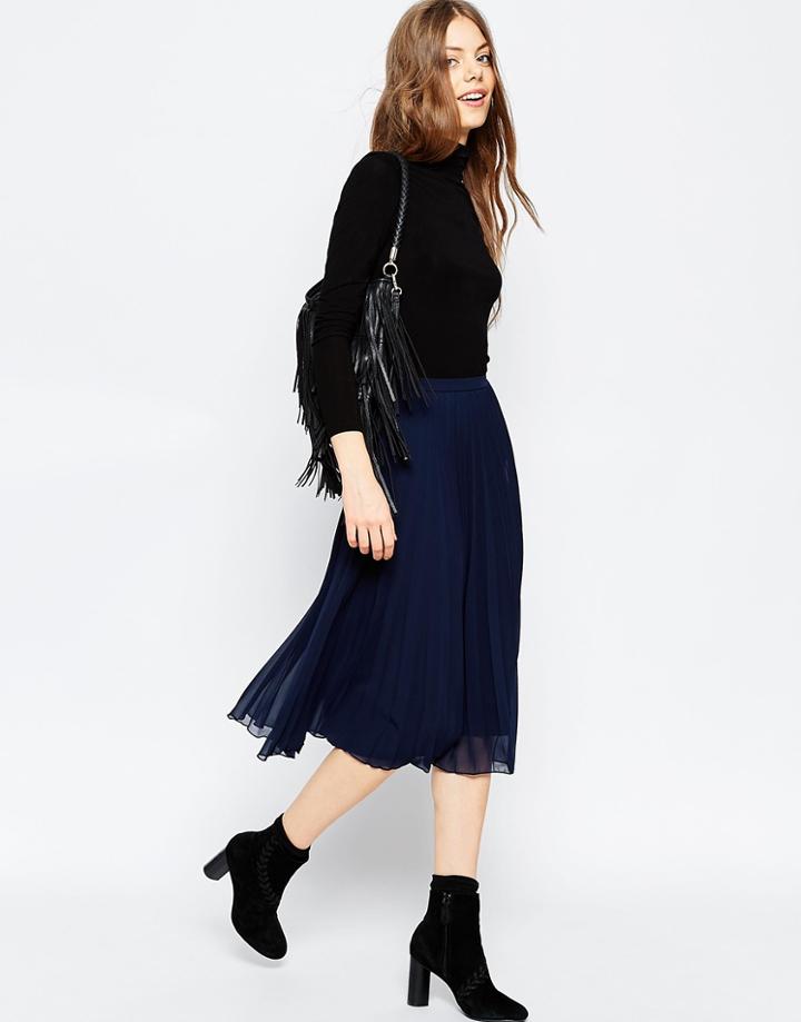 Asos Pleated Midi Skirt - Navy