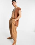 Asos Design Organic Oversized Wide Leg Sweatpants With Pressed Pleat In Brown