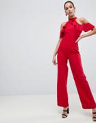 Lipsy Halter Neck Jumpsuit With Ruffle Detail - Red