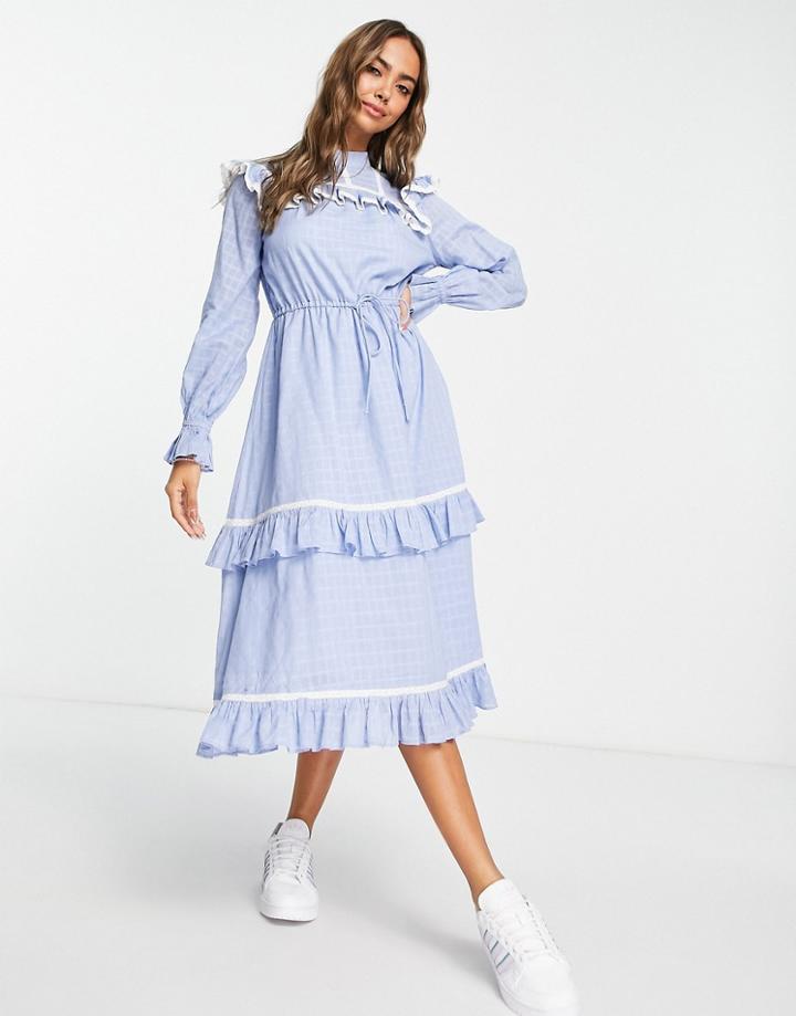 Miss Selfridge Textured Lace Insert Midi Dress In Chambray Blue