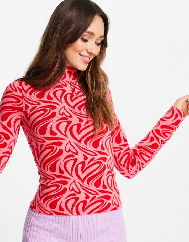 Na-kd Heart Print Knit Polo Neck Top In Red
