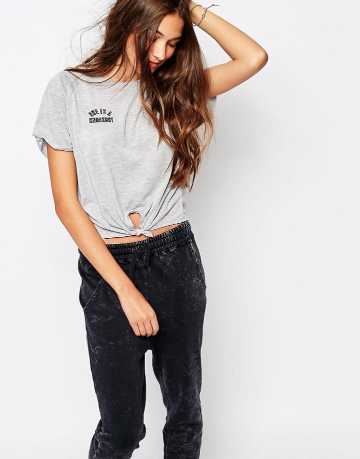 Pull & Bear Tie Front Jersey Crop Top - Gray
