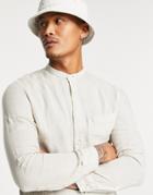 Bershka Linen Shirt In Beige With Grandad Collar-neutral