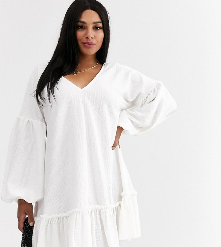 Asos Design Curve Textured Smock Dress With Frill Hem