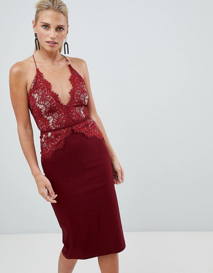 Rare London Scallop Lace Bodice Midi Dress-red