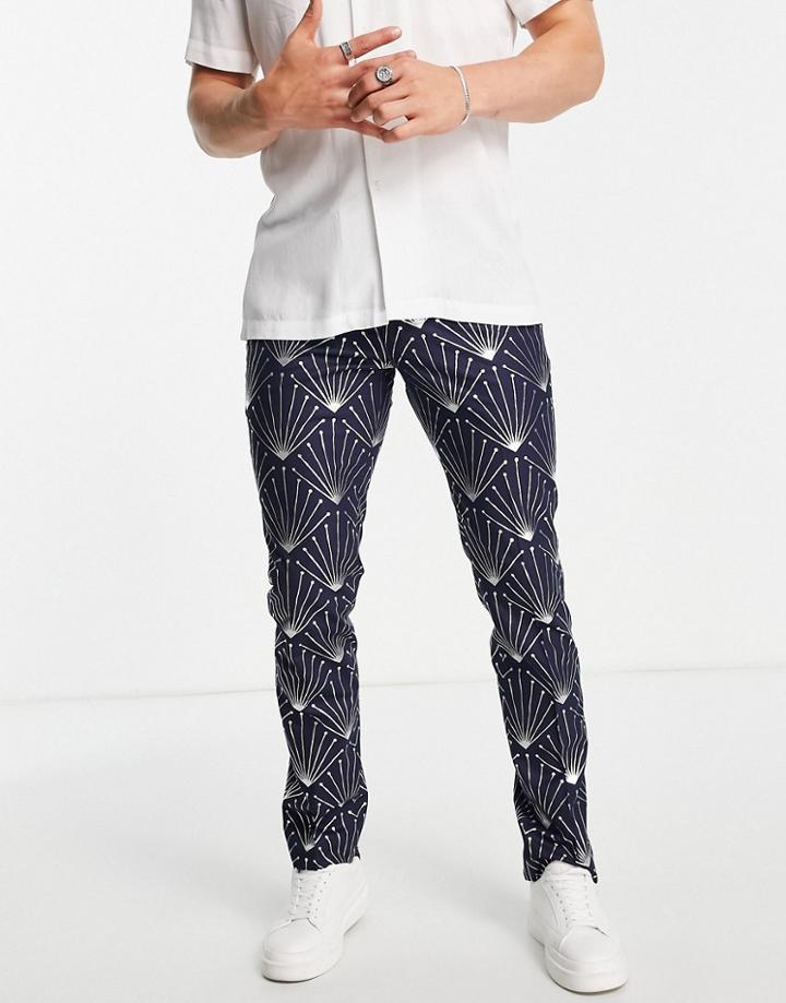 Twisted Tailor Suit Pants In Navy With Silver Foil Geometric Print