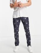 Twisted Tailor Suit Pants In Navy With Silver Foil Geometric Print
