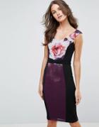Little Mistress Purple Rose Print Bardot Bodycon Dress - Multi
