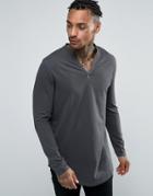 Asos Longline Long Sleeve T-shirt With Notch Neck And Curve Hem - Blac