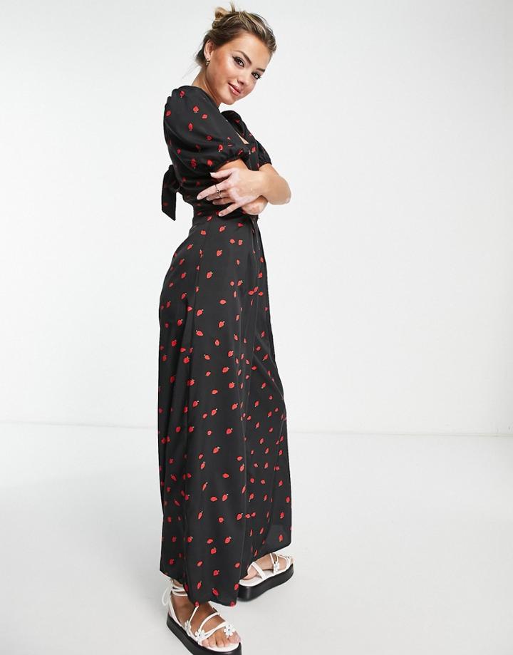 Glamorous Tie Back Square Neck Jumpsuit In Red Strawberry Print-black