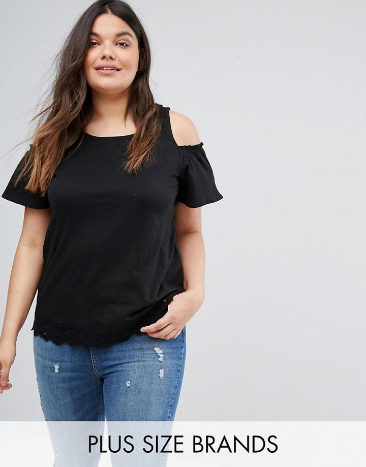New Look Plus Crochet Hem Cold Shoulder Top - Black