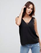 Asos Fuller Bust Deep Plunge Tank With Lace Inserts - Black