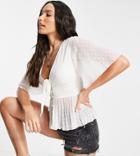 Asos Design Tall Textured Pleated Peplum Top With Button And Tie Detail In Ivory-white