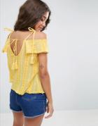 Asos Broderie Trim Cold Shoulder Top With Tassels - Yellow