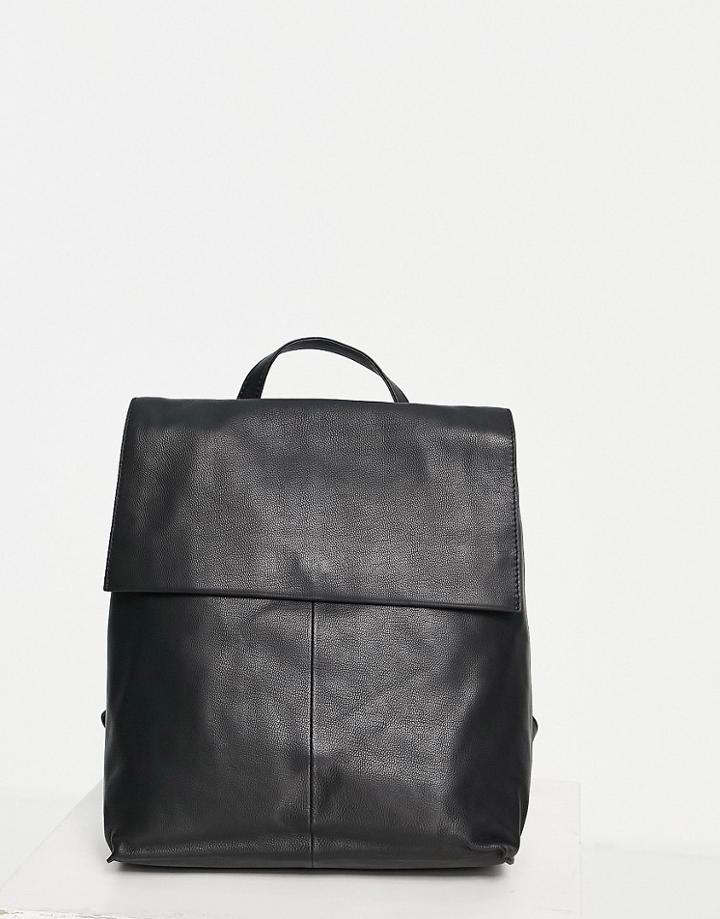 Asos Design Leather Backpack With Flap In Black
