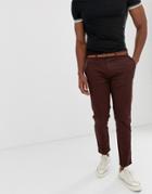 Pull & Bear Skinny Chino With Belt In Burgundy - Red